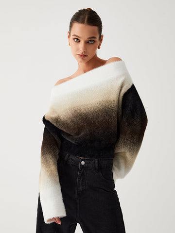 Laura | Fuzzy Off Shoulder Crop Pullover mit Ombre-Effekt