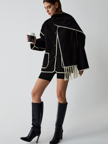 Clara | Elegante Jacke mit Halstuch und Kontrastbesatz