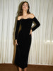 Clara | Elegantes schulterfreies Samt-Midikleid mit Patchwork-Schlitz