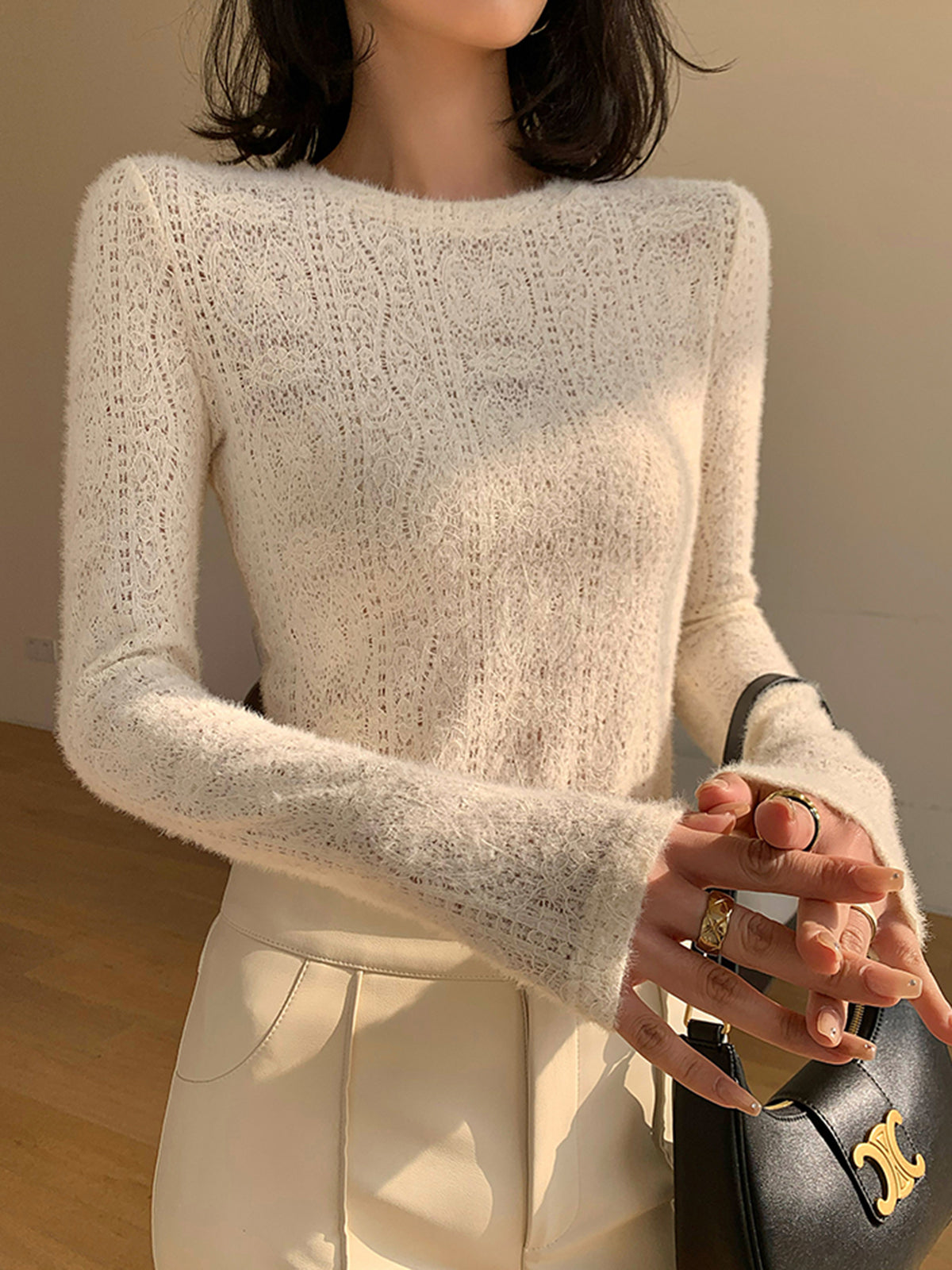 Klara | Florales Hohlg gestricktes Langarmtop mit Rundhalsausschnitt