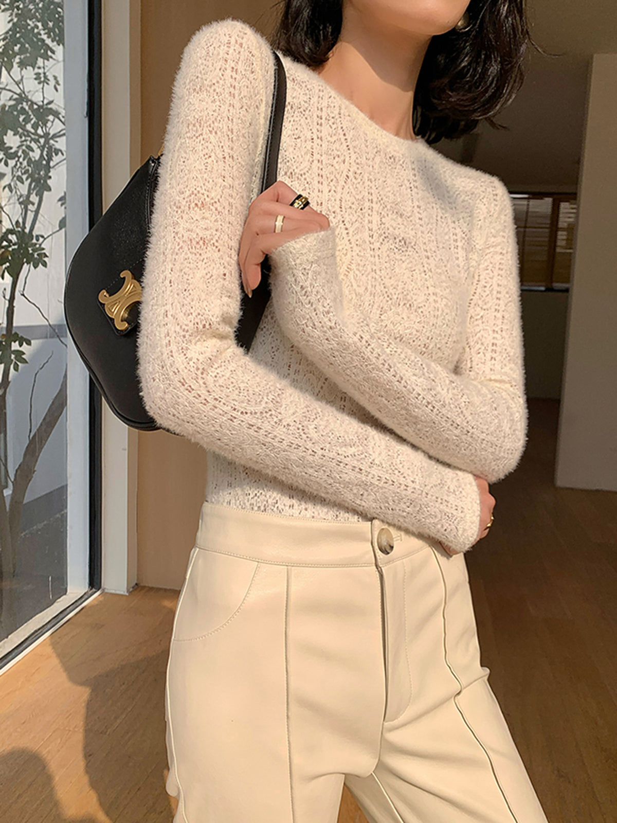 Klara | Florales Hohlg gestricktes Langarmtop mit Rundhalsausschnitt