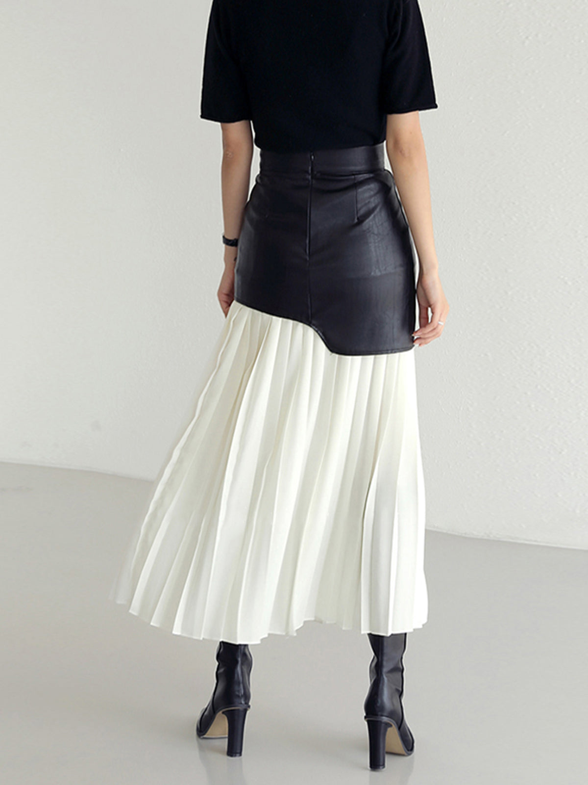 Marlene | Asymmetrischer Patchwork Midi-Rock aus Kunstleder und Chiffon