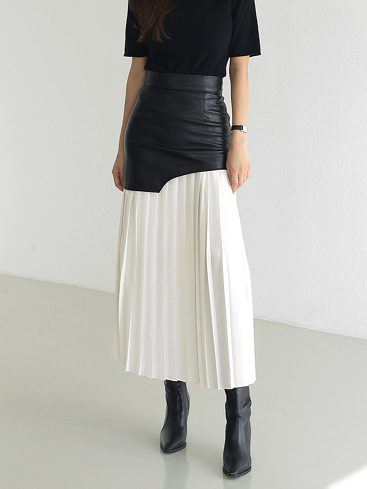 Marlene | Asymmetrischer Patchwork Midi-Rock aus Kunstleder und Chiffon