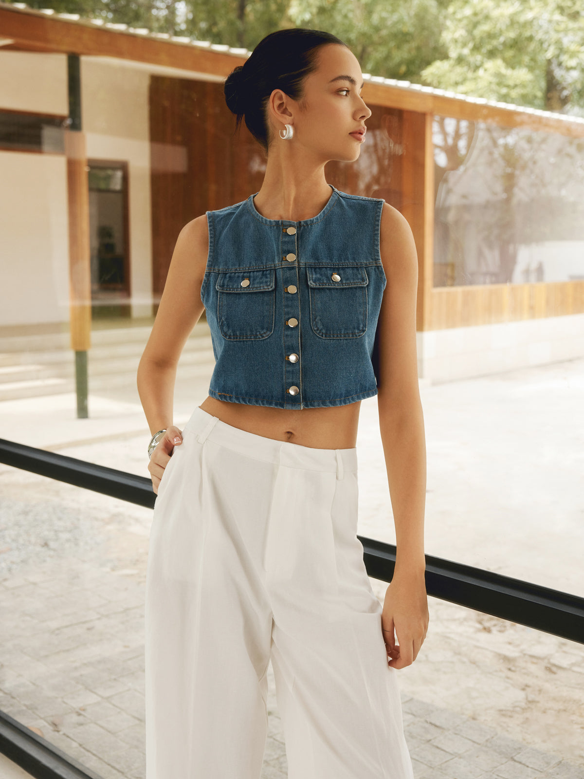 Leonie | Denim Oberteil mit Knopfleiste und Doppeltaschen