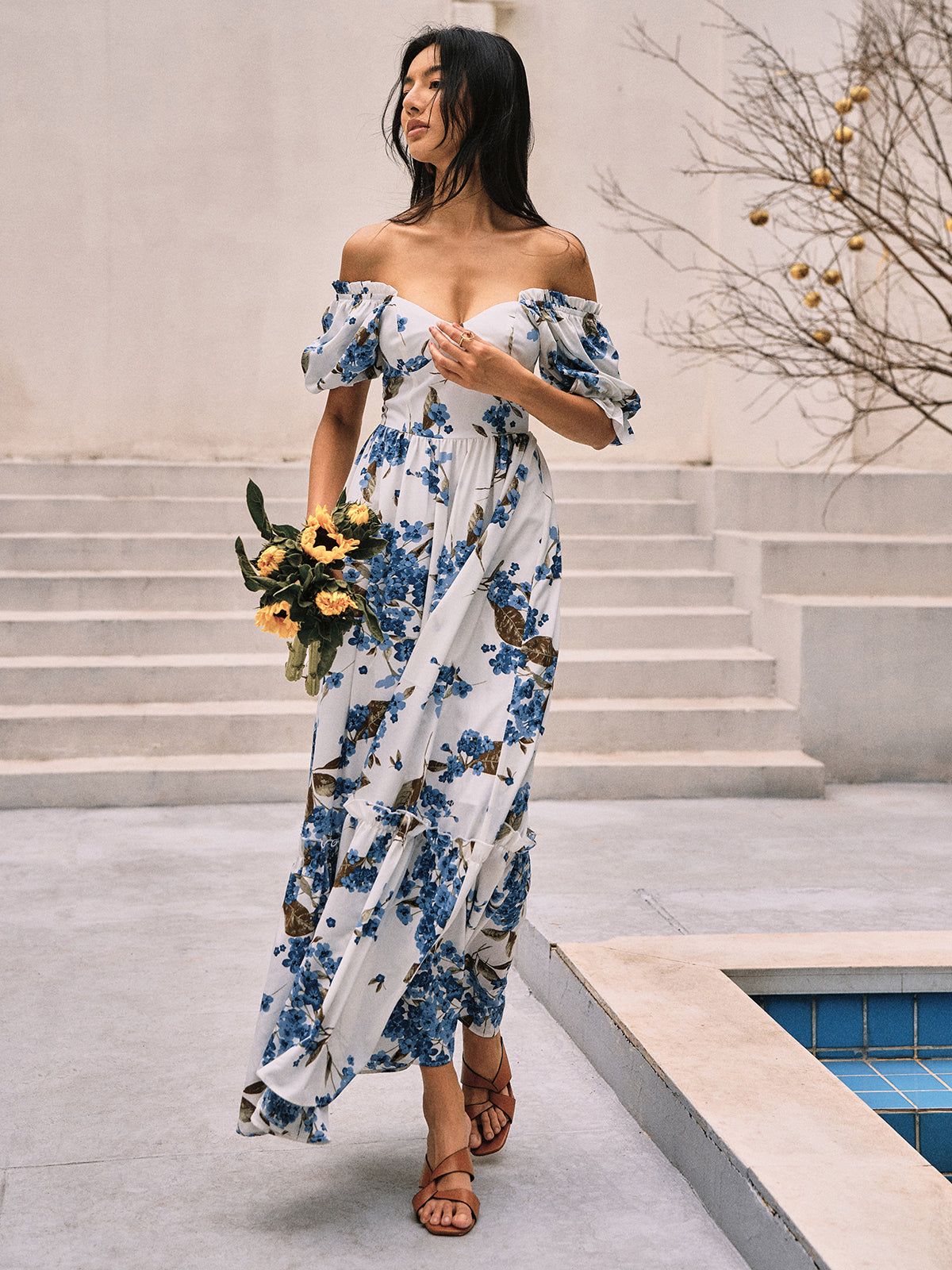Elvira | Florales Maxi-Kleid mit Puffärmel