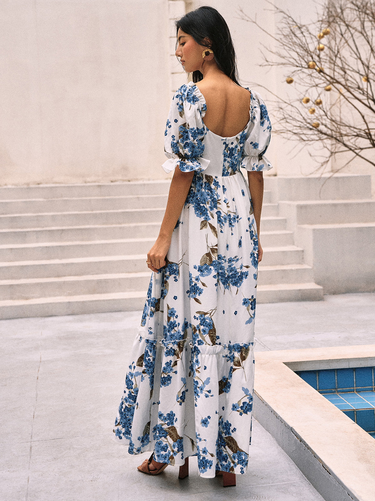 Elvira | Florales Maxi-Kleid mit Puffärmel