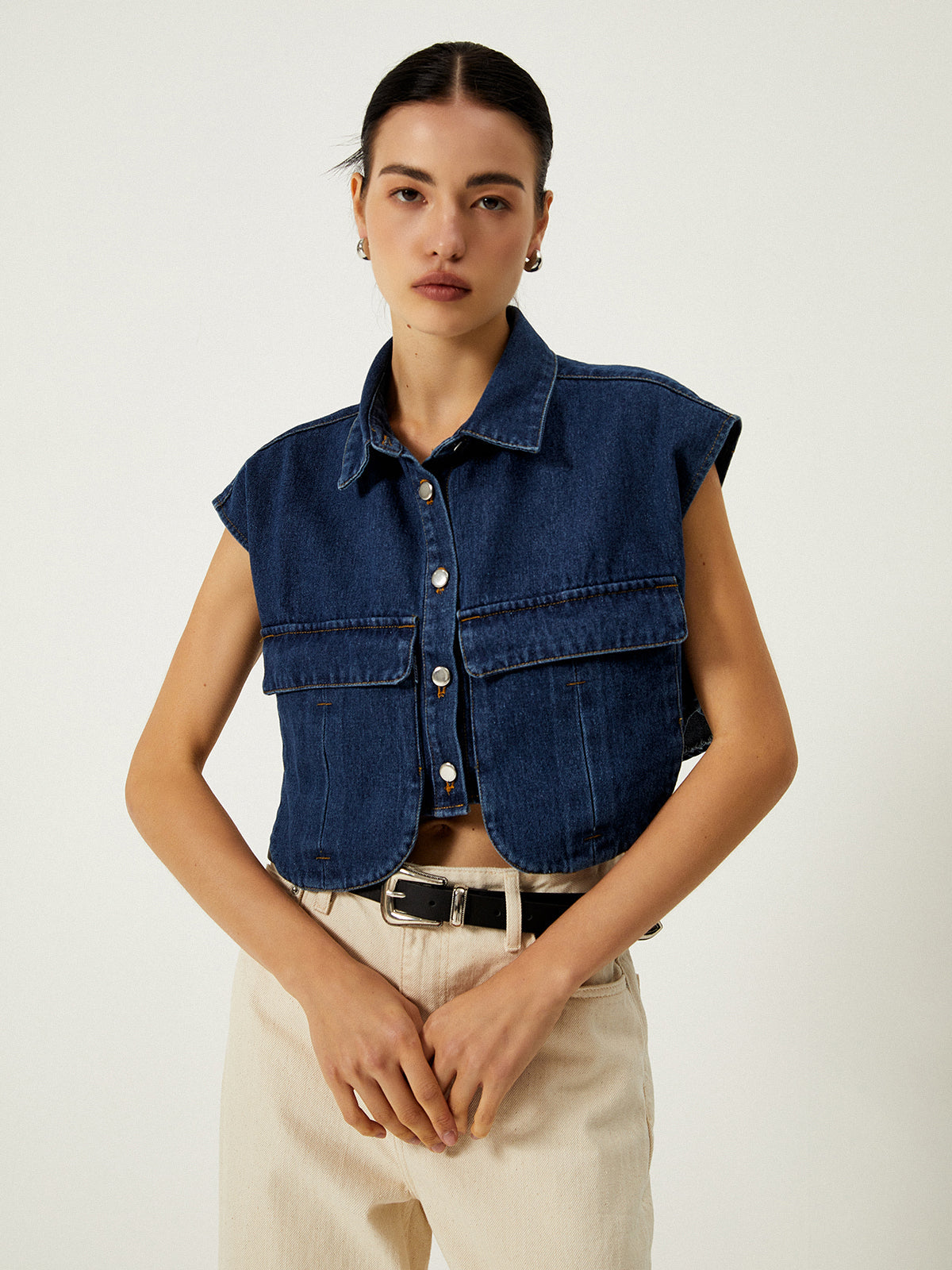 Max | Denim-Weste mit Taschen und Umlegekragen
