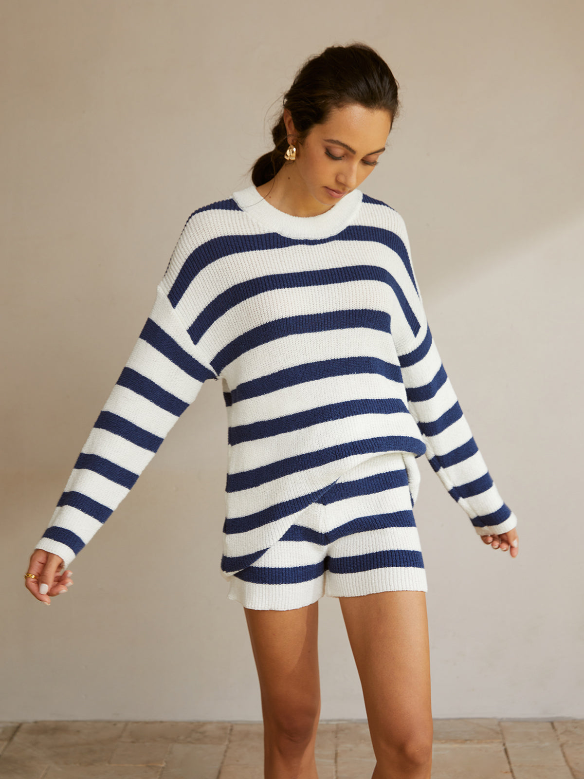 Leonie | Gestreiftes Rippstrick-Sweater-Shorts-Set
