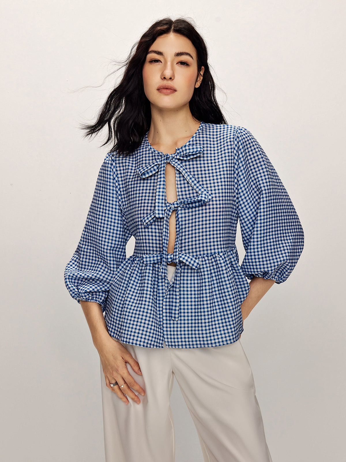 Lea | Plaid Krawattenfront Bluse mit Halbärmeln