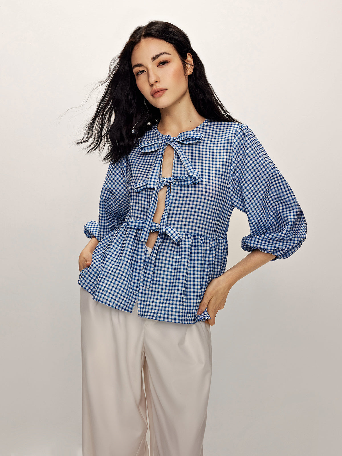 Lea | Plaid Krawattenfront Bluse mit Halbärmeln