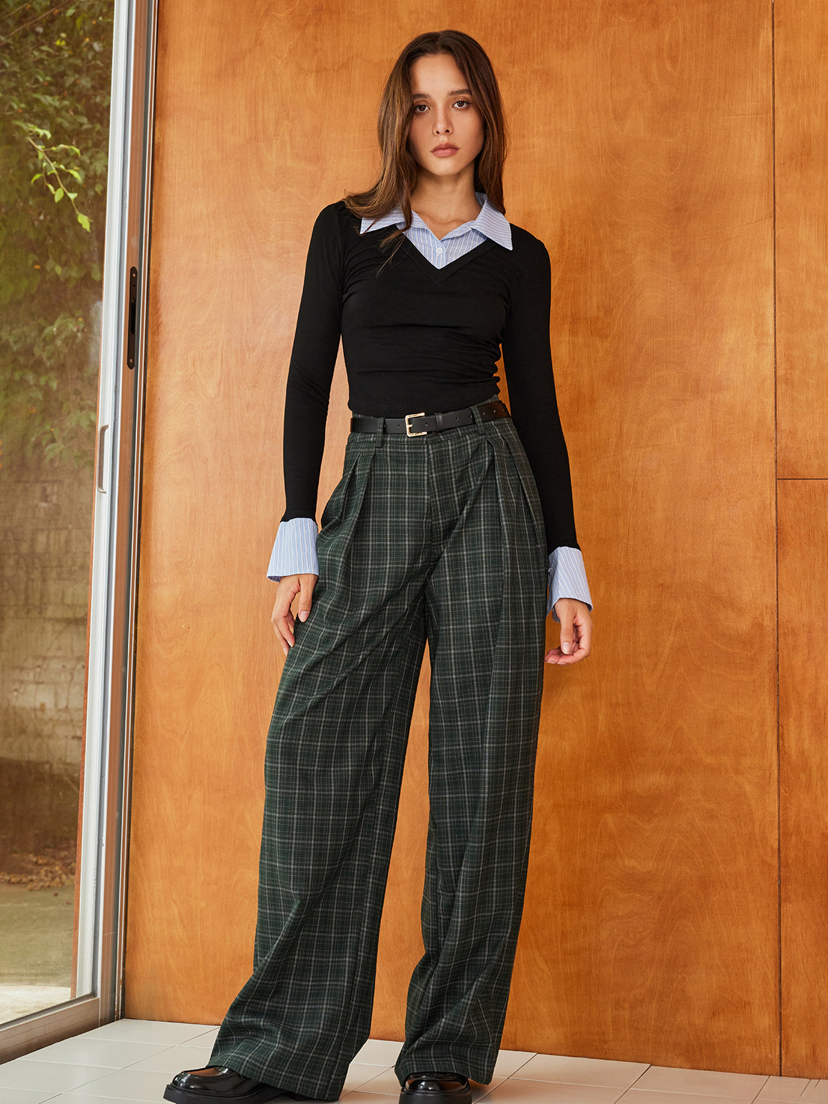 Lena | Vintage Karohose mit Gürtel und weitem Bein