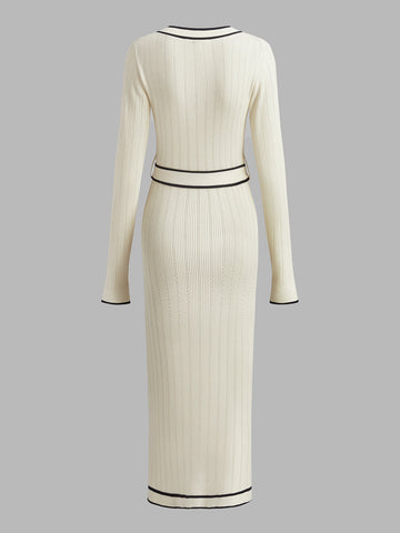 Clara | V-Ausschnitt Kleid mit Gürtel und Kontrastbesatz