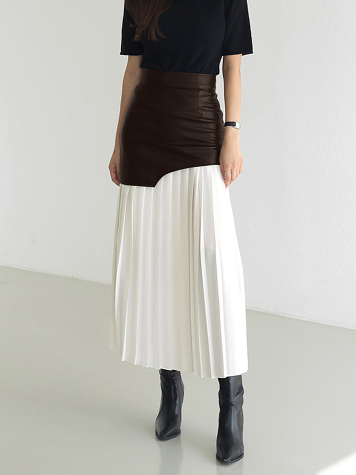 Marlene | Asymmetrischer Patchwork Midi-Rock aus Kunstleder und Chiffon