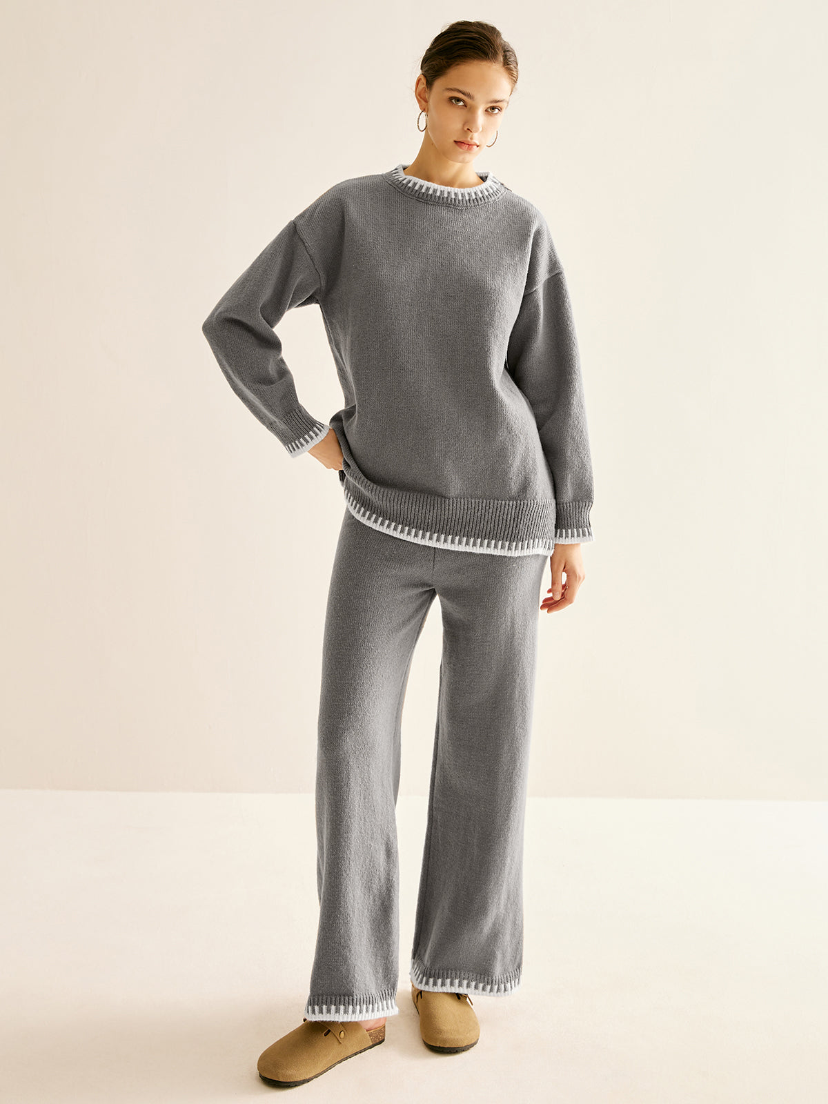 Leonie | Kontrastbesatz Slit Warmes Sweater-Set