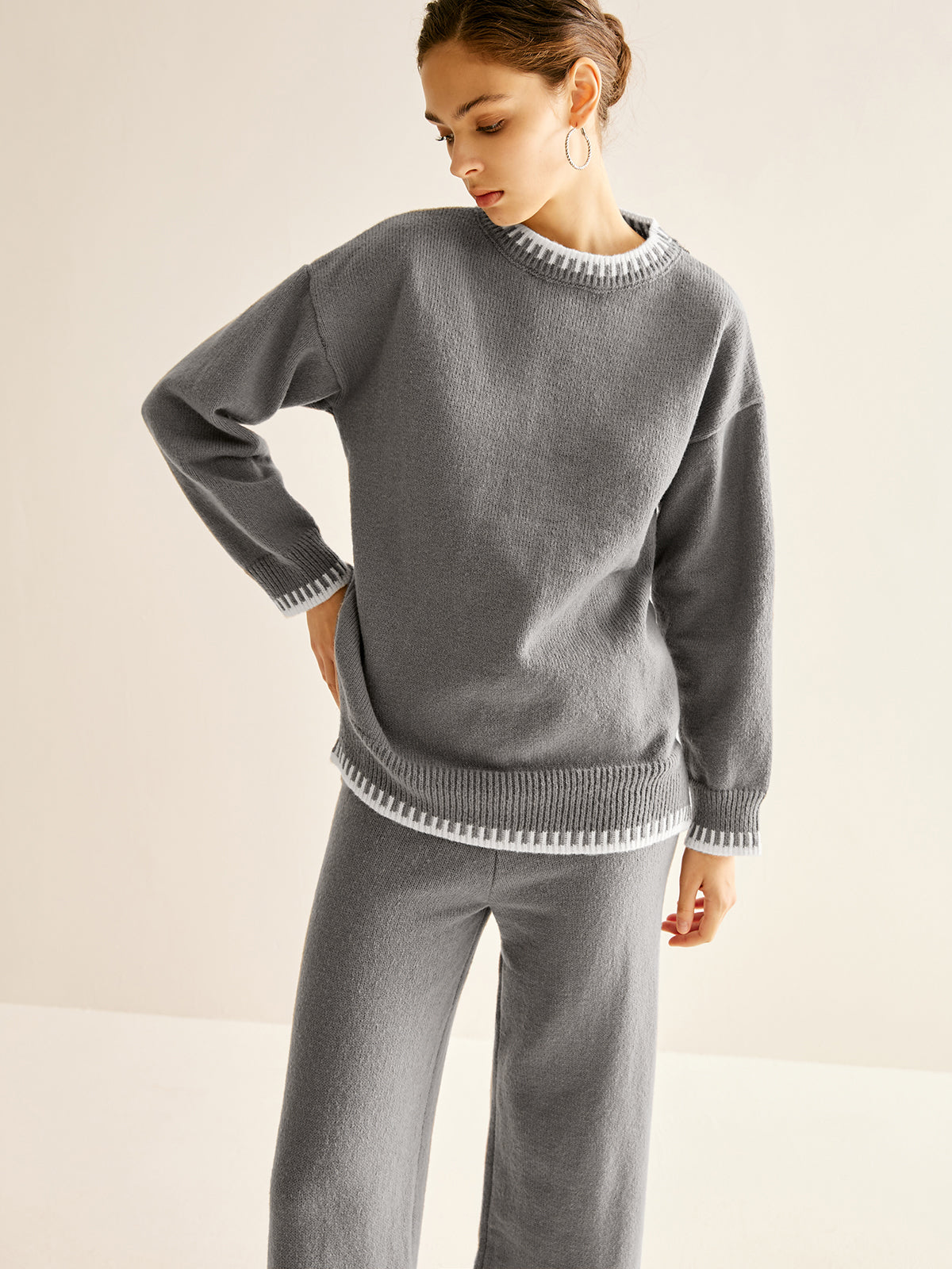 Leonie | Kontrastbesatz Slit Warmes Sweater-Set