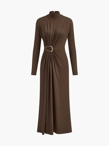 Amelie | Elegantes Faltenkleid mit Knoten und Stehkragen