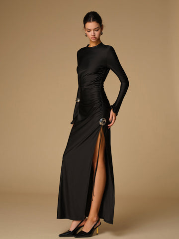 Clara | Langes Kleid mit Falten und Metallic-Dekor