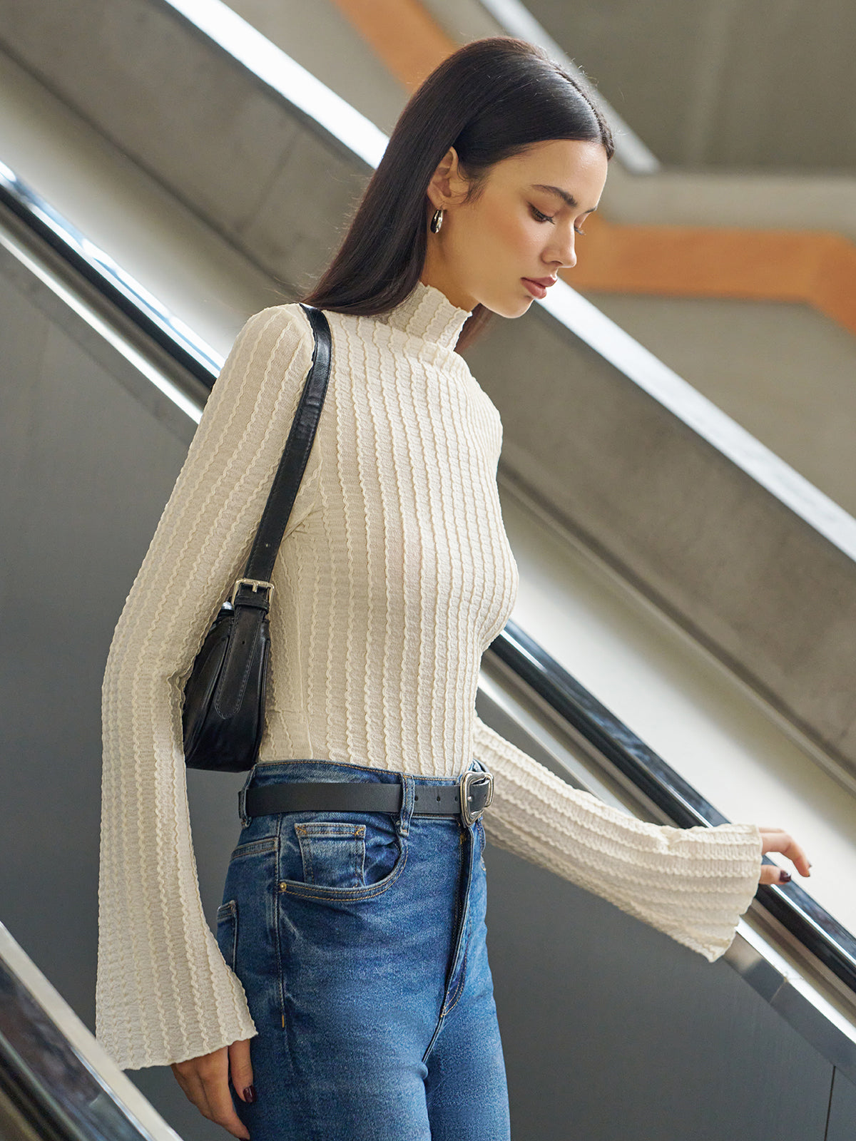 Lina | Mock Neck Plisse Skinny T-Shirt