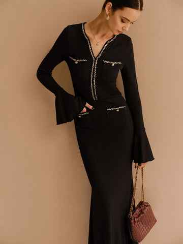 Clara | Elegantes Kleid mit Kontrastbesatz und Rüschendetails