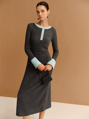 Clara | Elegantes Kleid mit Kontrastbesatz und Knöpfen