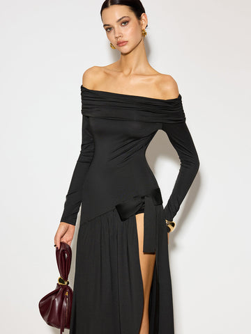 Clara | Schulterfreies Rüschenkleid mit Schlitz
