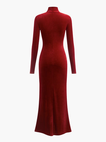 Emilia | Elegantes Samtkleid mit stehendem Kragen und Knoten-Design