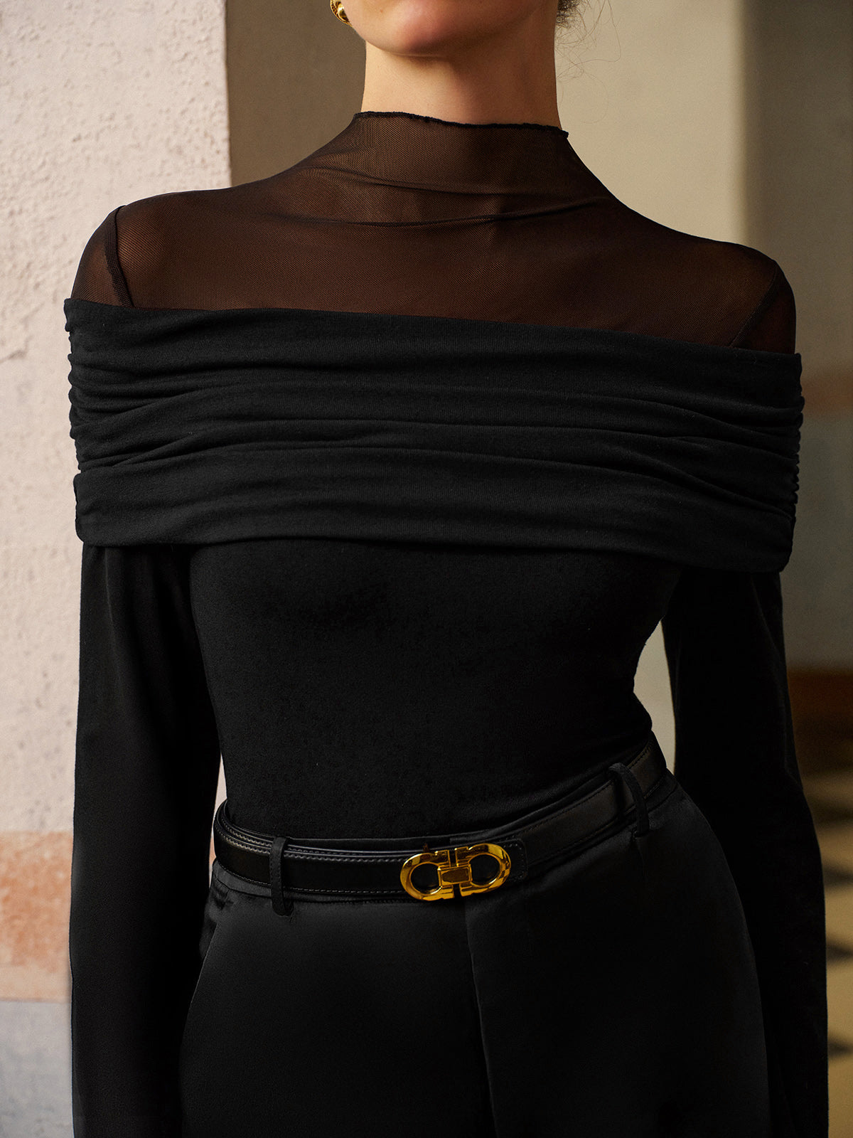 Anna | Ruched Mesh Panel Jersey Oberteil