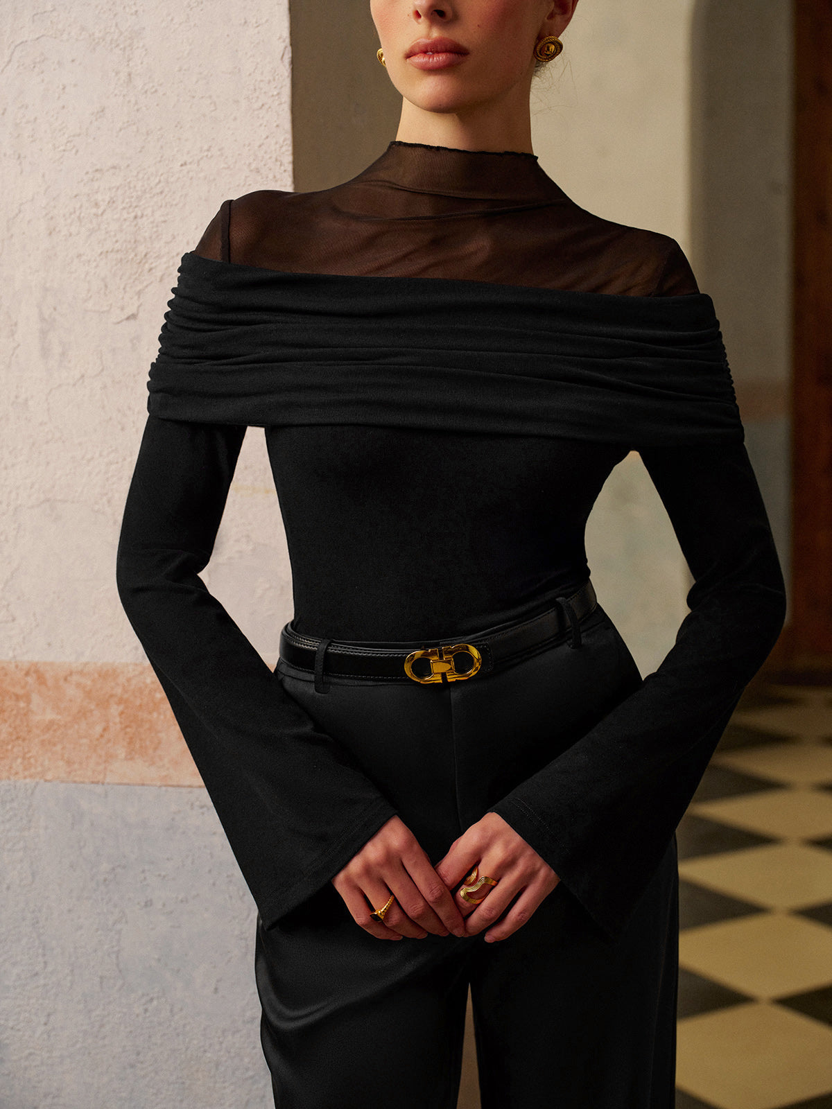 Anna | Ruched Mesh Panel Jersey Oberteil