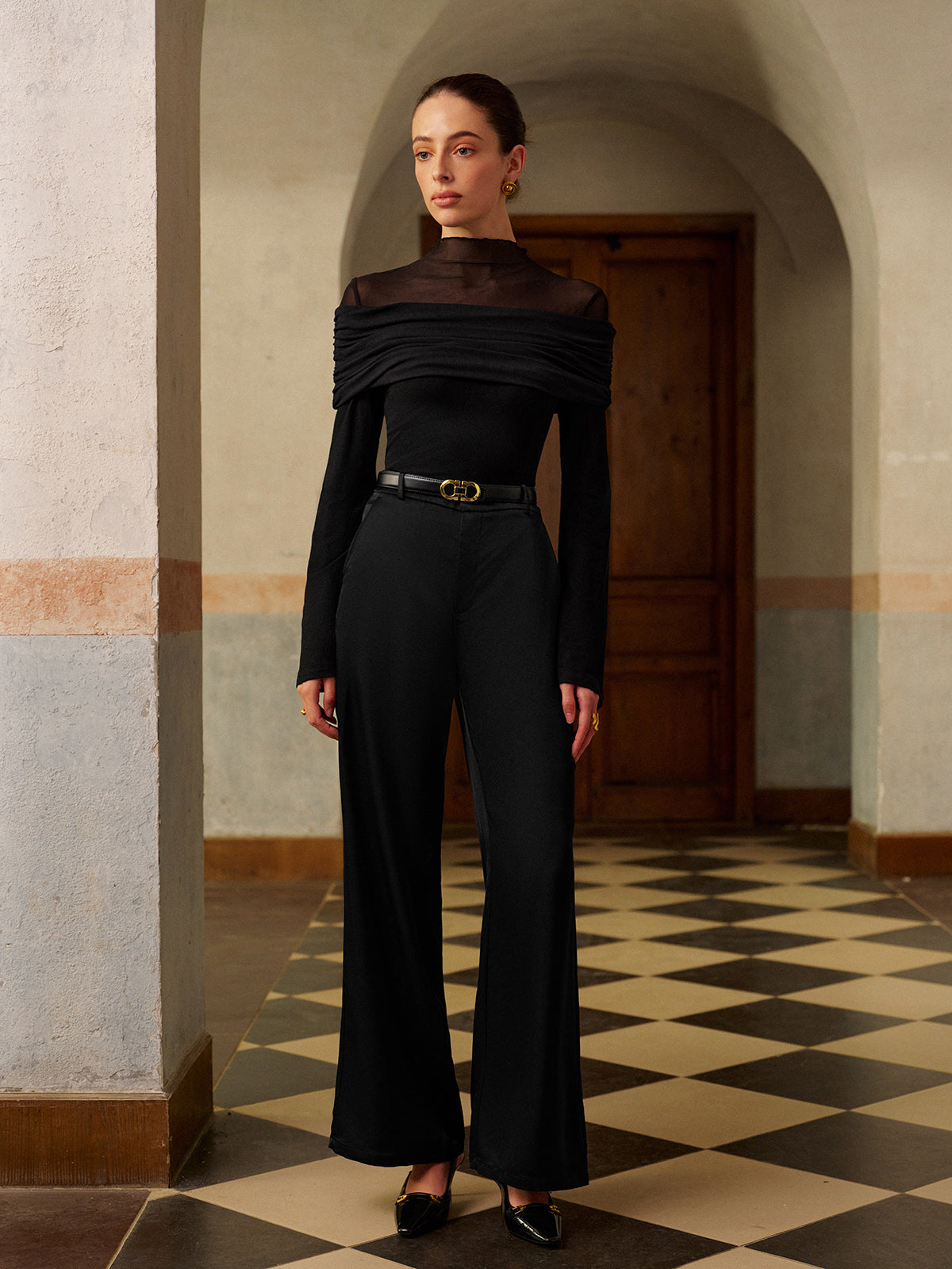 Anna | Ruched Mesh Panel Jersey Oberteil