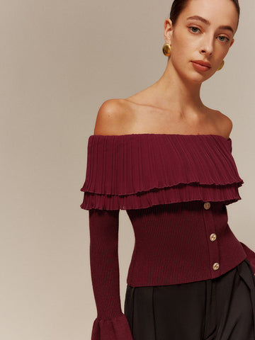 Clara | Off-Shoulder Plissierter Rüschensweater