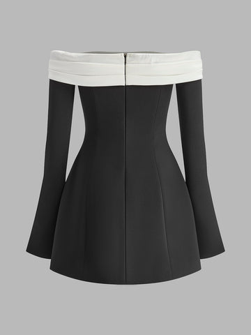 Eleganz | Farbblock Off-Shoulder Glockenärmel Kleid