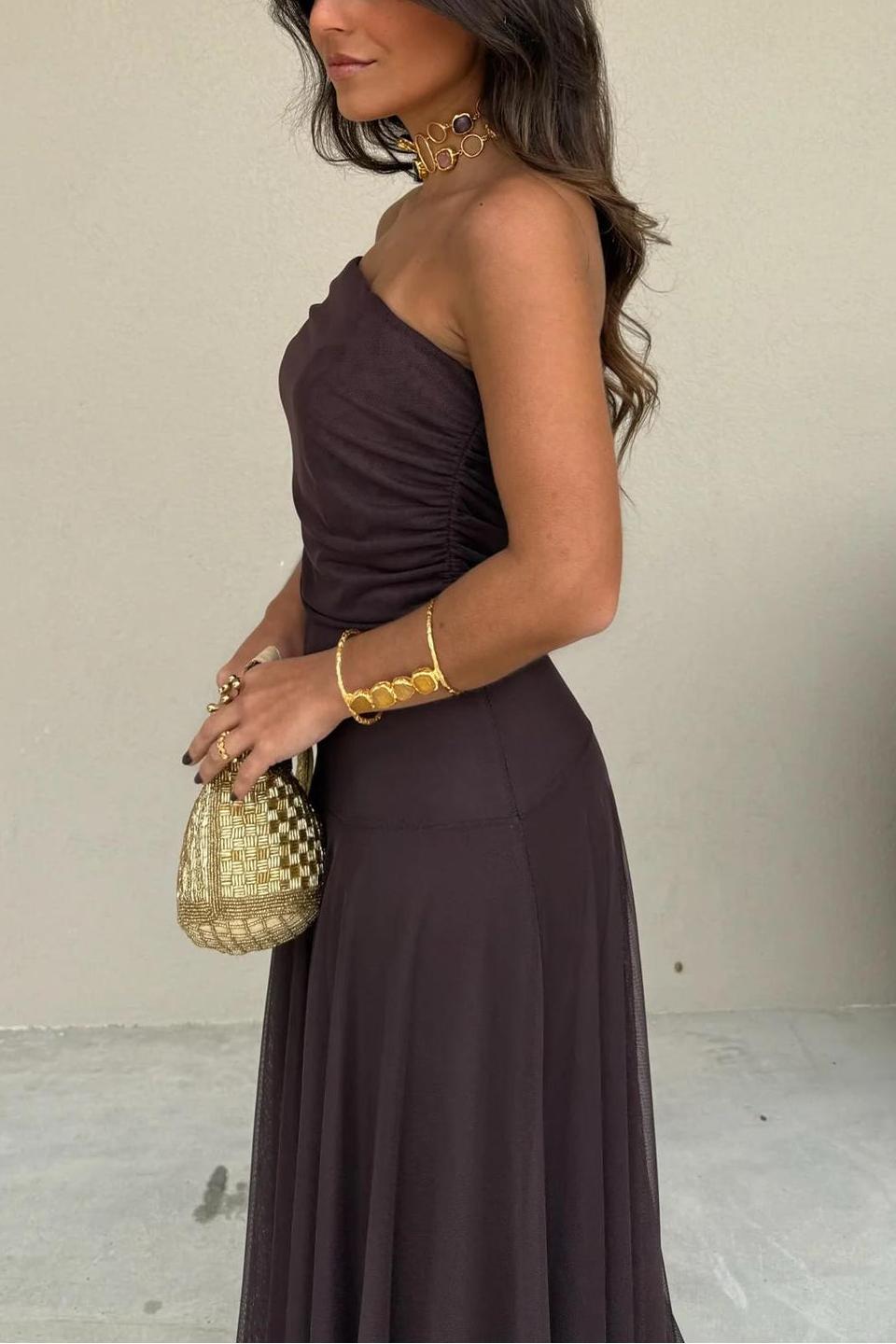 Waze | Toledo Ein-Schulter Mesh Maxikleid