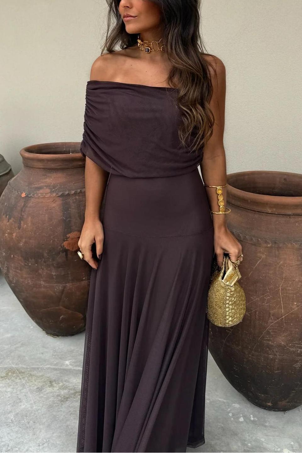 Waze | Toledo Ein-Schulter Mesh Maxikleid