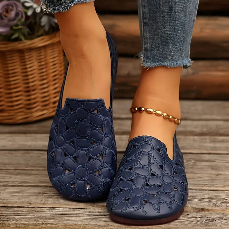Makenna | Damen-Oxford-Ballerinas mit Blumenausschnitt und orthopädischen Einlagen