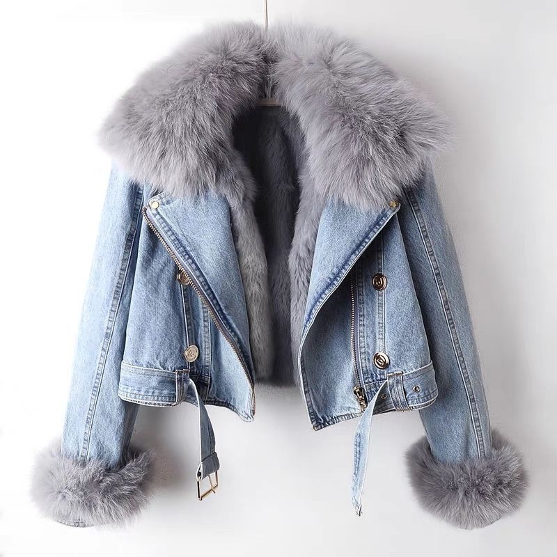 CELESTE | DENIM MOTOJACKE MIT KUNSTPELZ