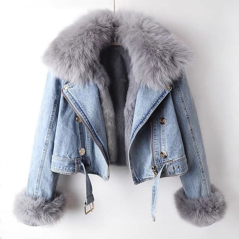 CELESTE | DENIM MOTOJACKE MIT KUNSTPELZ