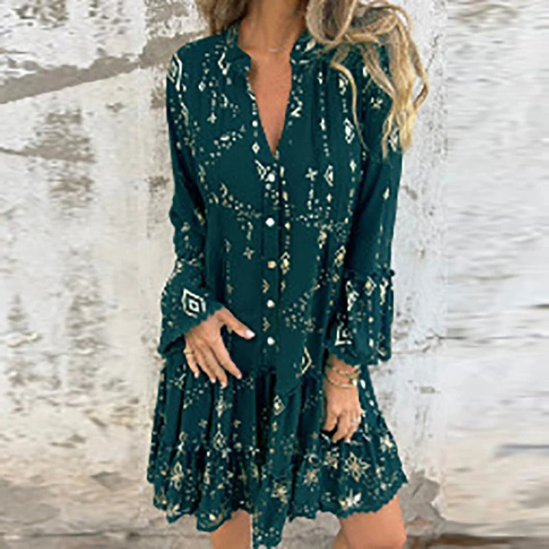 Gillian | Midikleid mit geometrischem Muster und V-Ausschnitt