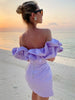 Ken | Satin Kleid mit Off-Shoulder und Volants