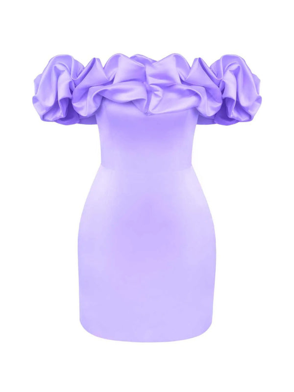Ken | Satin Kleid mit Off-Shoulder und Volants