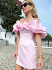 Ken | Satin Kleid mit Off-Shoulder und Volants