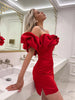 Ken | Satin Kleid mit Off-Shoulder und Volants