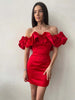 Ken | Satin Kleid mit Off-Shoulder und Volants