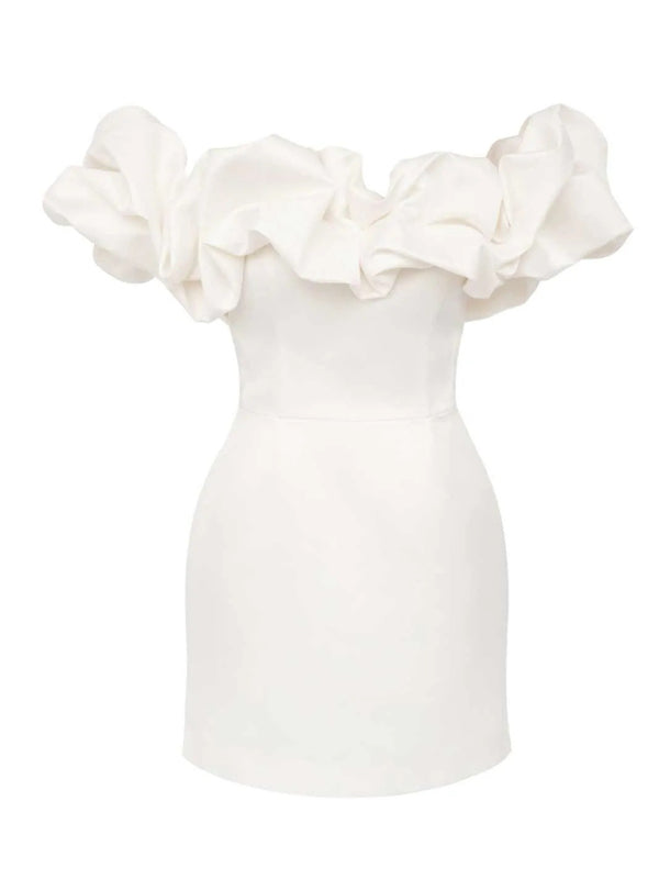 Ken | Satin Kleid mit Off-Shoulder und Volants