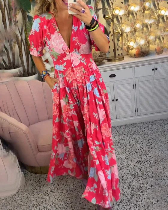 Amelia | Langes Kleid mit V-Ausschnitt und Tasche