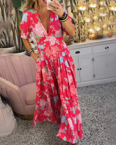 Amelia | Langes Kleid mit V-Ausschnitt und Tasche