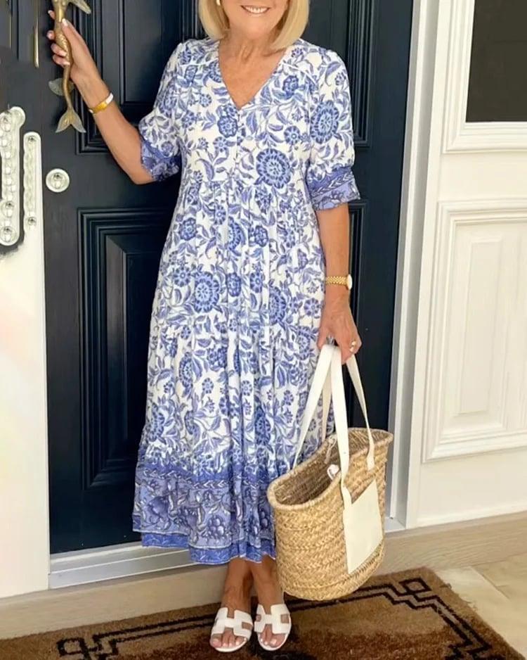 Esther | Bedrucktes Kleid mit V-Ausschnitt, elegant und stilvoll