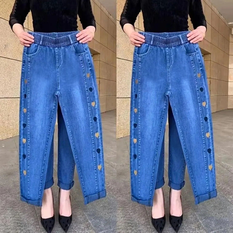 Justine | Damen Hochelastische Jeans Mit Herz-Muster Stickereien