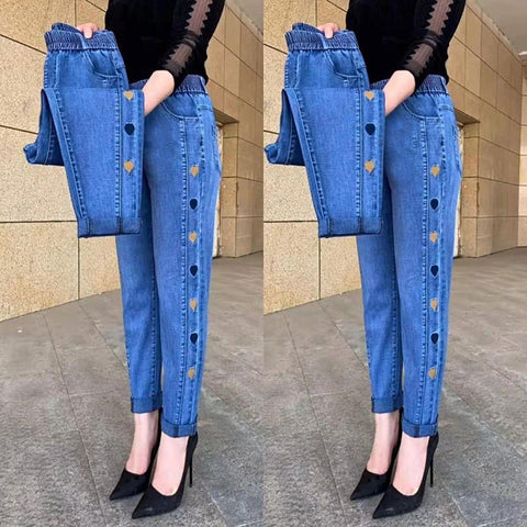 Justine | Damen Hochelastische Jeans Mit Herz-Muster Stickereien