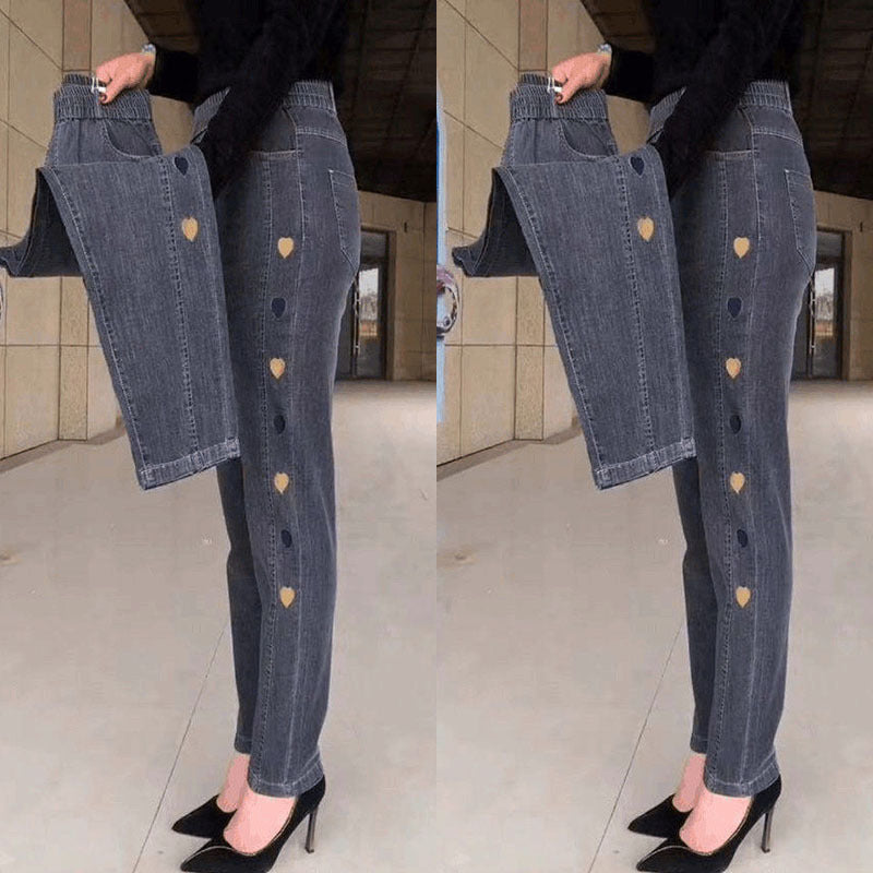 Justine | Damen Hochelastische Jeans Mit Herz-Muster Stickereien