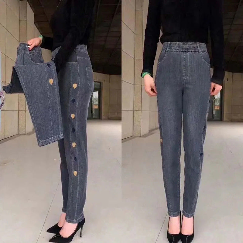 Justine | Damen Hochelastische Jeans Mit Herz-Muster Stickereien